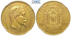 France, Napoleon III, 100 Francs 1869-BB, Au ... 