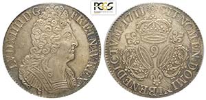 France, Louis XIV, Ecu 1711-9, Gad-229 Ag mm ... 