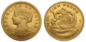 Chile, Republic, 100 Pesos 1968, Au mm 31 ... 