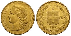 Switzerland, Confederation, 20 Francs 1890, ... 