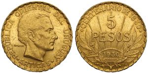 Uruguay, Republic, 5 Pesos 1930, Au mm 22 SPL