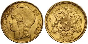 Chile, Republic, 5 Pesos 1895, Au mm 16,5 ... 