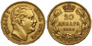 Serbia, Milan I, 20 Dinara 1882-V, KM-17.1 ... 