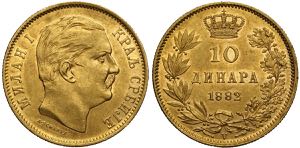 Serbia, Milan I, 10 Dinara 1882-V, Au mm 19 ... 