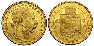 Hungary, Franz Joseph I, 8 Forint 20 Francs ... 