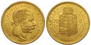 Hungary, Franz Joseph I, 8 Forint 20 Francs ... 