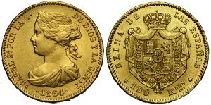 Spain, Isabel II, 100 Reales 1864, 6-pointed ... 