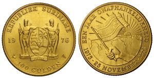 Suriname, Republic, 100 Gulden 1976, Au mm ... 