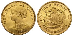Chile, Republic, 100 Pesos 1960, Au mm 31 ... 