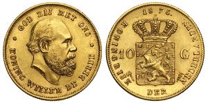 Netherlands, William III, 10 Gulden 1875, Au ... 