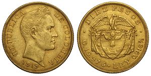 Colombia, Republic, 10 Pesos 1919, Au mm 26 ... 