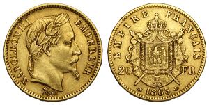 France, Napoleon III, 20 Francs 1863-BB, Au ... 
