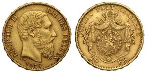 Belgium, Leopold II, 20 Francs 1876, ... 