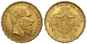 Belgium, Leopold II, 20 Francs 1882, Au mm ... 