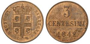 Savoia, Carlo Alberto, 3 Centesimi 1842, ... 
