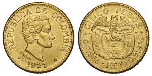 Colombia, Republic, 5 Pesos 1927, Au 917 g ... 