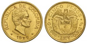 Colombia, Republic, 5 Pesos 1924, Au 917 g ... 