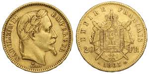 France, Napoleon III, 20 Francs 1863-A, Au ... 