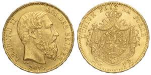 Belgium, Leopold II, 20 Francs 1875, Au mm ... 