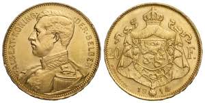 Belgium, Albert, 20 Francs 1914 DER ... 