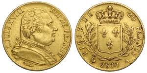 France, Louis XVIII, 20 Francs 1814-A, Au mm ... 