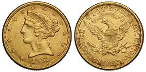 United States of America, 5 Dollars 1881, Au ... 