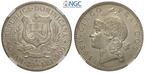 Dominican Republic, 5 Francos 1891-A, Au mm ... 