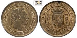 Spain, Charles VII, 5 Centimos 1875, Cu mm ... 
