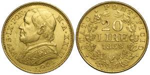 Roma, Pio IX, 20 Lire 1868 anno XXIII, Au mm ... 