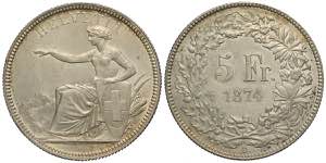 Switzerland, Confederation, 5 Francs 1874-B, ... 