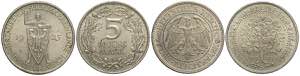 Germany, Weimar Republic, Lot of 2 coins: 5 ... 