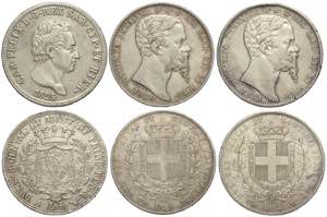 Savoia, Lotto di 3 monete da 5 Lire: 1825 ... 