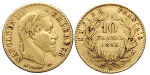 France, Napoleon III, 10 Francs 1865-A Au g ... 