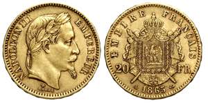 France, Napoleon III, 20 Francs 1865-A Au g ... 