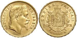 France, Napoleon III, 20 Francs 1866-A Au g ... 