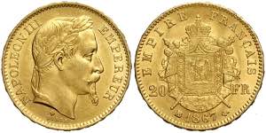 France, Napoleon III, 20 Francs 1867-BB Au g ... 