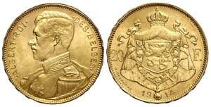 Belgium, Albert I, 20 Francs 1914 Des ... 
