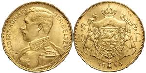 Belgium, Albert I, 20 Francs 1914 Der ... 