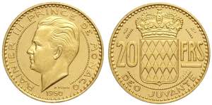 Monaco, Rainier III, 20 Francs 1950 gold ... 