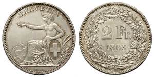 Switzerland, Confederation, 2 Francs 1863-B, ... 