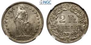 Switzerland, Confederation, 2 Francs 1874-B, ... 