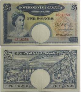Jamaica, 5 Pounds 17/03/1960, prefisso 9A, ... 