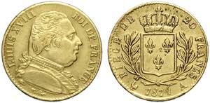 France, Louis XVIII, 20 Francs 1814-A, Au g ... 