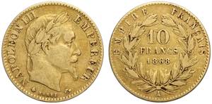 France, Napoleon III, 10 Francs 1868-A Au g ... 