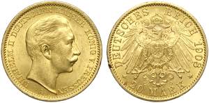 Germany Prussia, Wilhelm II, 20 Mark 1908-A, ... 