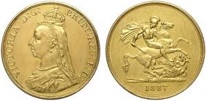 Great Britain, Victoria, 5 Pounds 1887, Au g ... 