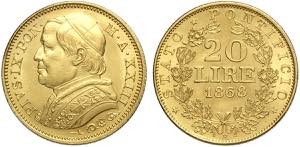 Roma, Pio IX (1846-1870), 20 Lire 1868 anno ... 