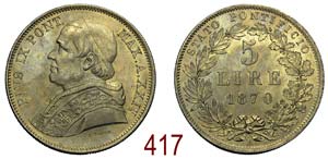 Roma - Pio IX - 5 Lire 1870 XXIV - argento - ... 