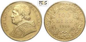 Roma, Pio IX (1846-1870), 100 Lire 1866-XXI, ... 