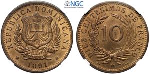Dominican Republic, 10 Centavos 1891, Cu mm ... 